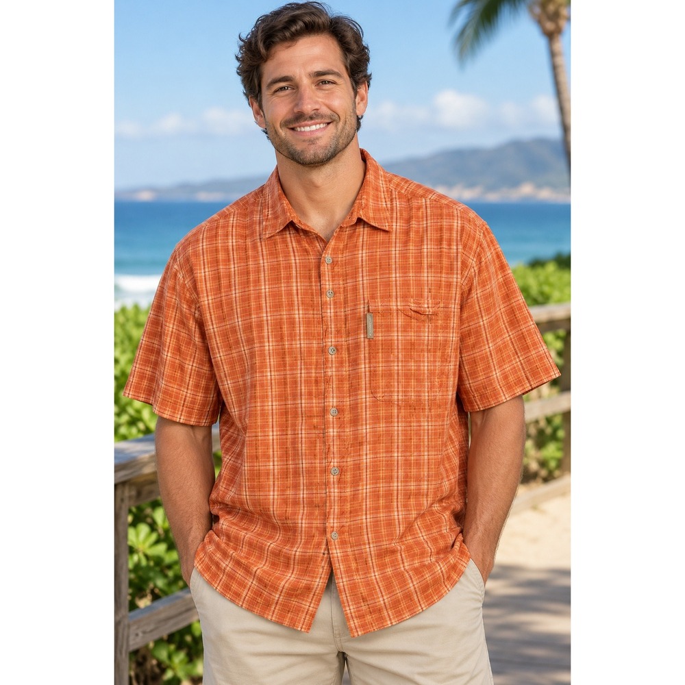 Columbia Button Down Shirt Mens Large Orange Plaid Short Sleeve Cotton XM7120